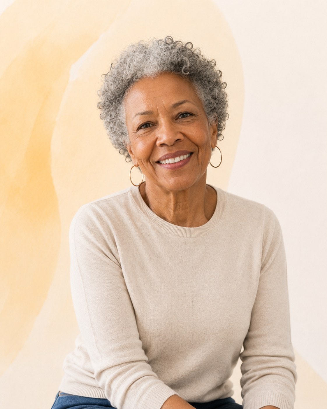 An older woman with short gray curls and gold hoop earrings, smiling broadly at the camera.