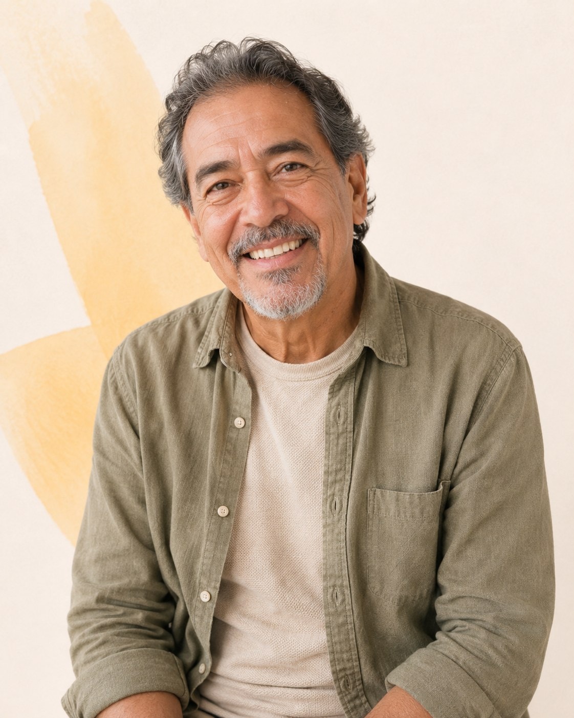 An older man with gray hair and a mustache in an olive overshirt, laughing warmly.