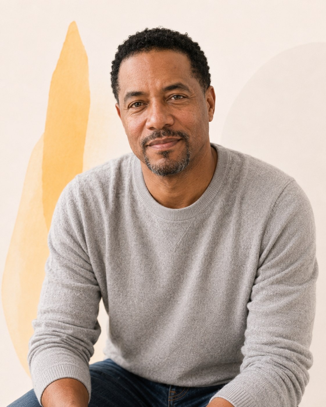 A man with a short beard in a gray crewneck sweater, sitting upright with a quiet, steady expression.