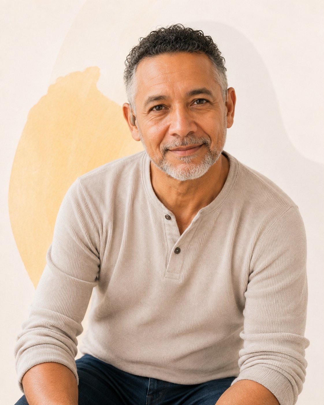 An older man with a gray beard in a light henley, sitting relaxed with a slight, amused smile.